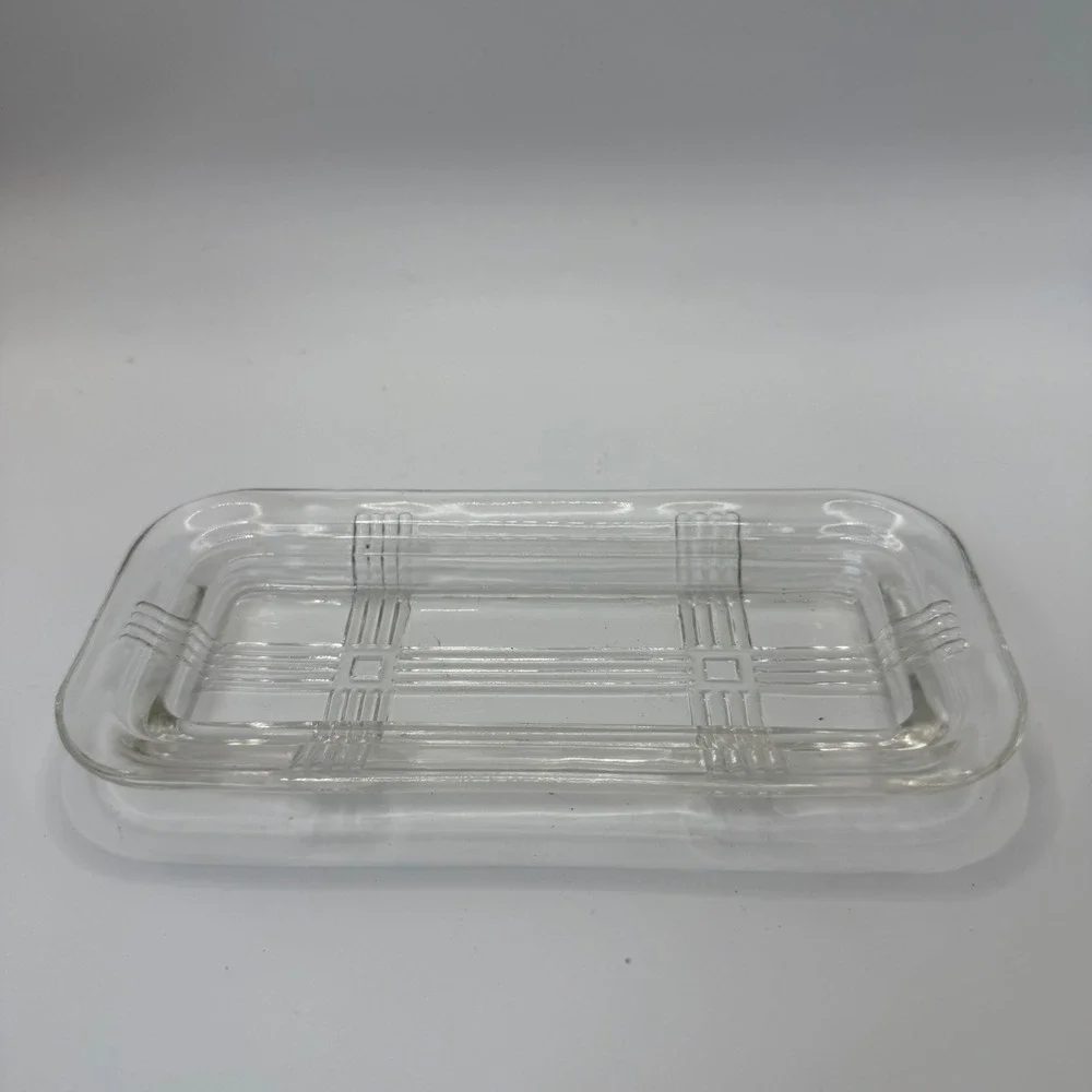 Vintage Clear Glass Butter Dish Tray Plaid Geometric Pressed Pattern